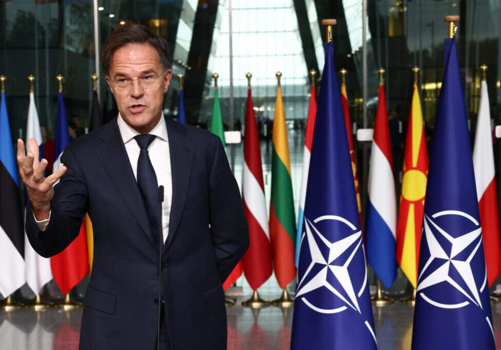 Former Dutch Prime Minister Mark Rutte speaks next to Jens Stoltenberg (not pictured) on the day he succeeds Stoltenberg as NATO Secretary General, at the Alliance headquarters in Brussels, Belgium October 1, 2024. REUTERS/Yves Herman